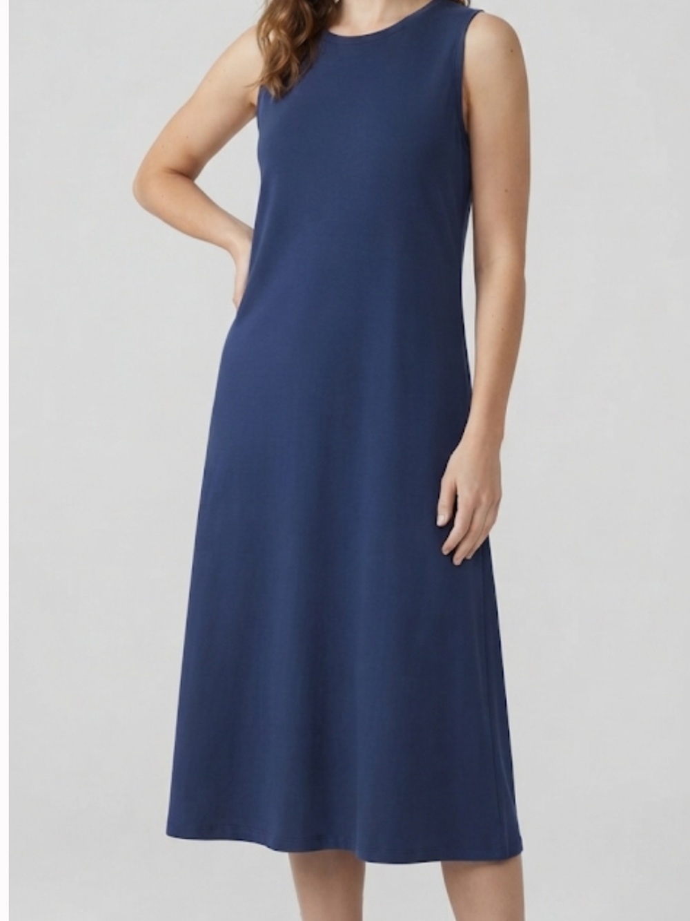 SIORO Navy Blue Sleeveless Minimalist Midi Shirt Dress Medium